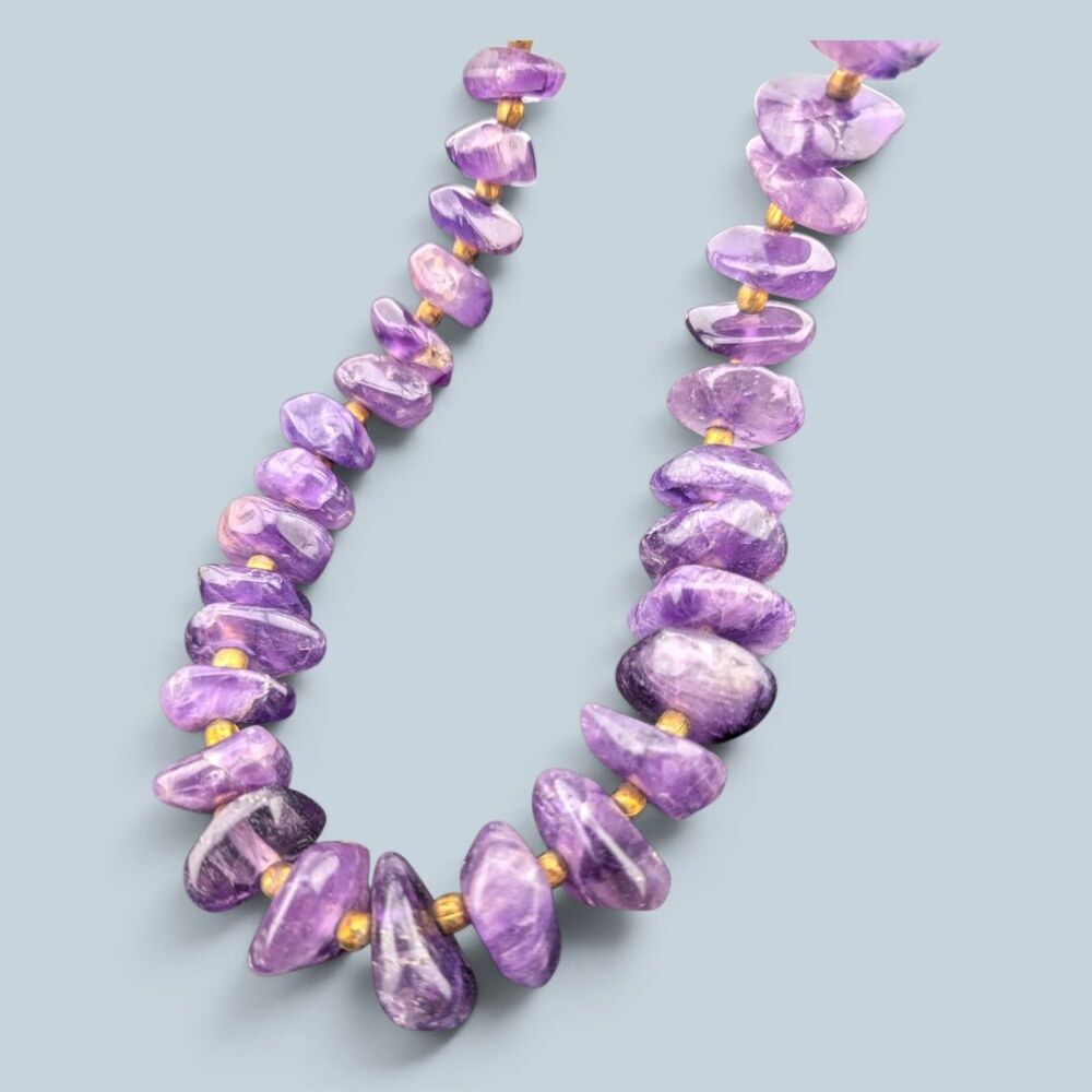 Purple Stone Chip Necklace 22" Gold Tone Spacers Amethyst Look